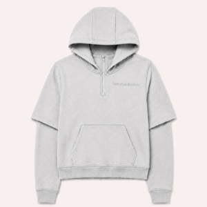 Front view of the FTR Frediorton Rody E’gah light gray half-zip hoodie, featuring a layered short-over-long sleeve design and a tonal left chest logo