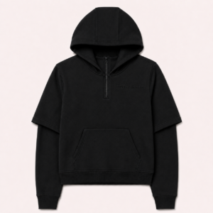 Front view of the FTR Frediorton Rody E’gah deep black half-zip hoodie, featuring a layered short-over-long sleeve design and a tonal left chest logo