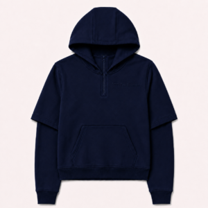 Front view of the FTR Frediorton Rody E’gah deep navy half-zip hoodie, featuring a layered short-over-long sleeve design and a tonal left chest logo