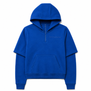 Front view of the FTR Frediorton Rody E’gah royal blue half-zip hoodie, featuring a layered short-over-long sleeve design and a tonal left chest logo