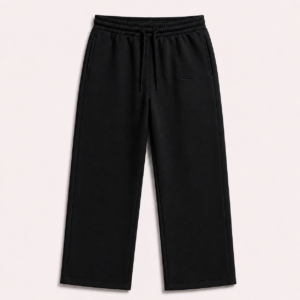 Front view of the FTR Rody E’gah opened-leg sweatpants in deep black, featuring a clean, wide-leg cut and tonal embroidered logo