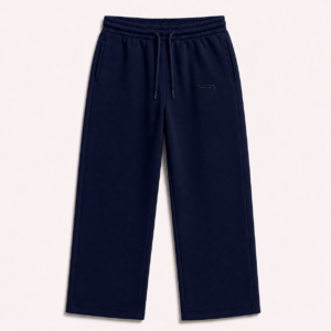 Front view of the FTR Rody E’gah opened-leg sweatpants in deep navy, featuring a clean, wide-leg cut and tonal embroidered logo