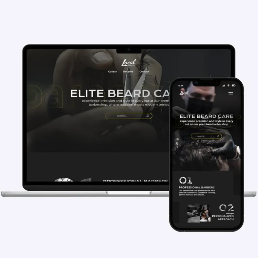 Luxury barbershop website design by Frediorton Creative Studio featuring a black and gold aesthetic, premium grooming services, and responsive desktop and mobile layouts.