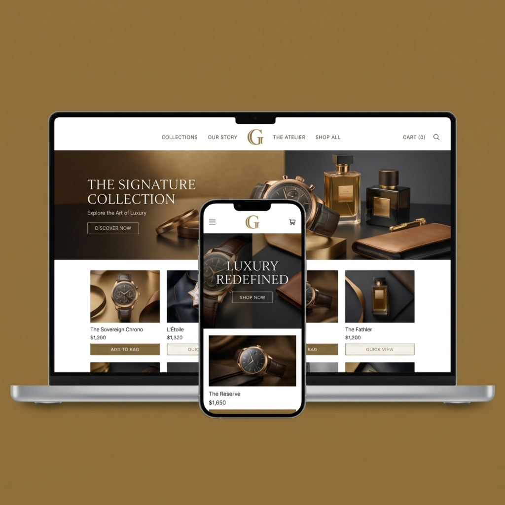 Luxury e-commerce website design by Frediorton Creative Studio showcasing premium watches, fragrances, and leather accessories in an elegant gold and brown responsive storefront.