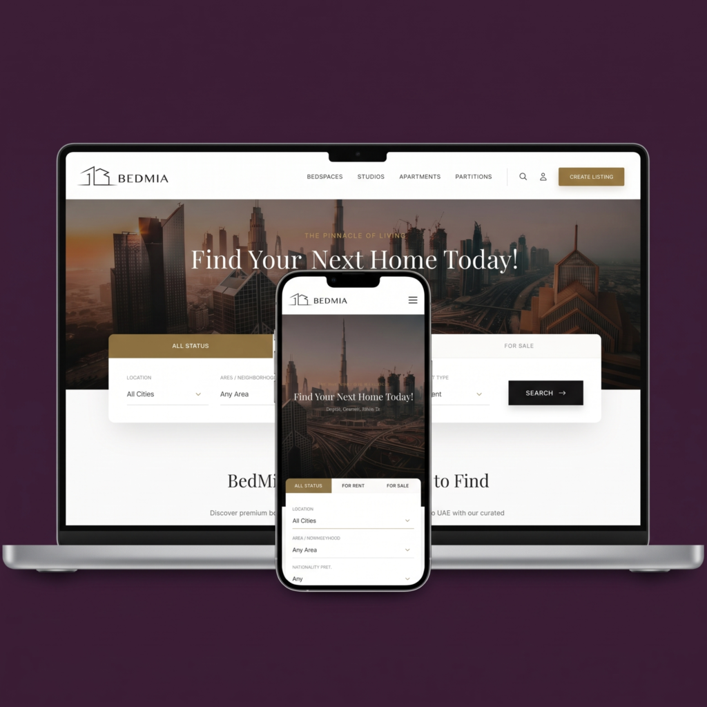 Responsive real estate website design by Frediorton Creative Studio featuring property search filters, a modern skyline hero banner, and a clean desktop and mobile interface.